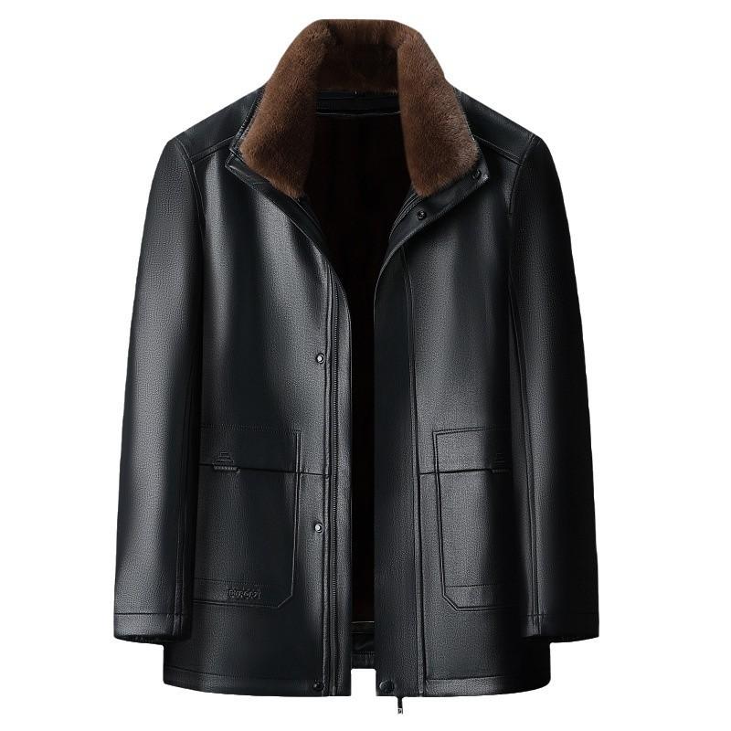 Зимнее мужское пальто из натуральной кожи и меха из утолщенного бархата для пап среднего и пожилого возраста, съемная овчина
