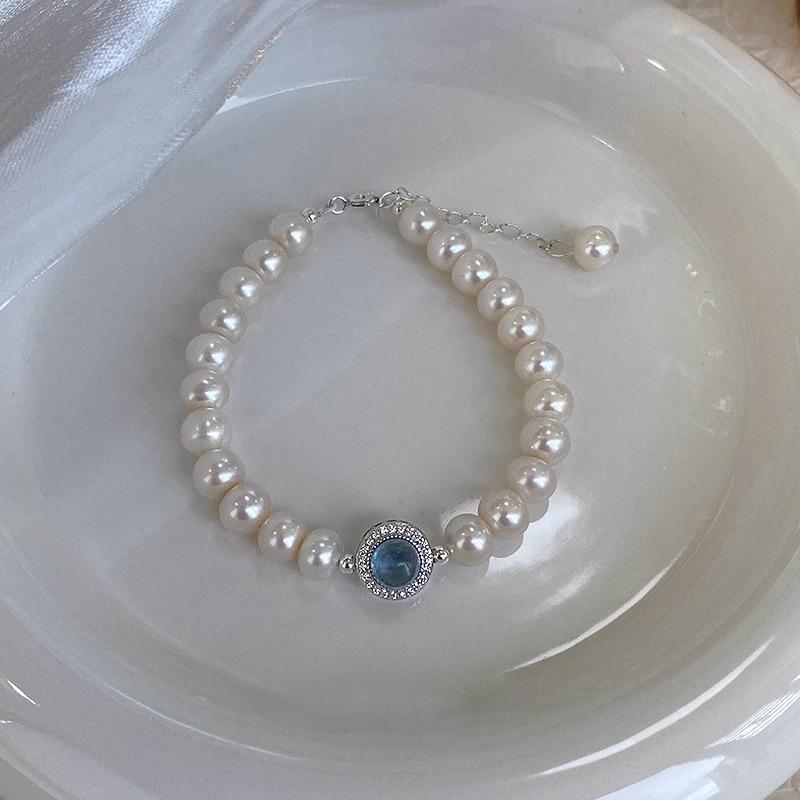 Silver aquamarine pearl bracelet, light luxury niche high-end feel, new popular French-style jewelry
