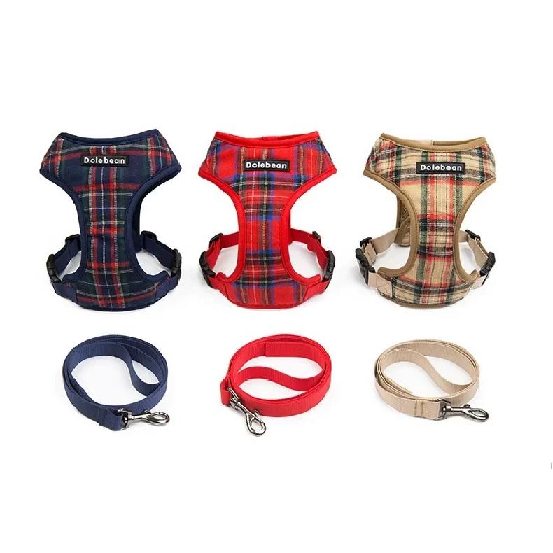 Fashion Plaid Style Pet Harness Vest and Leash Set Dog Vest Harness Dog Leash Adjustable Dog Chest Strap Pet Supplies