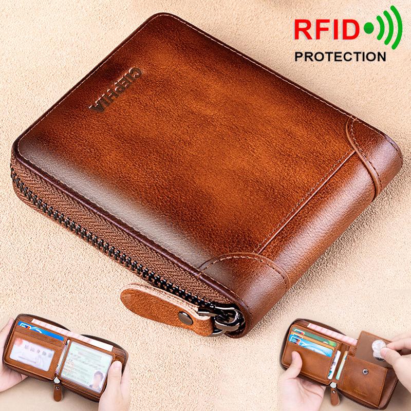 Кошелек из натуральной кожи для мужчин, RFID-блокировка, двойная молния, кошельки, верхний слой из воловьей кожи, многофункциональный ID, держатель для кредитных карт, сумка для монет