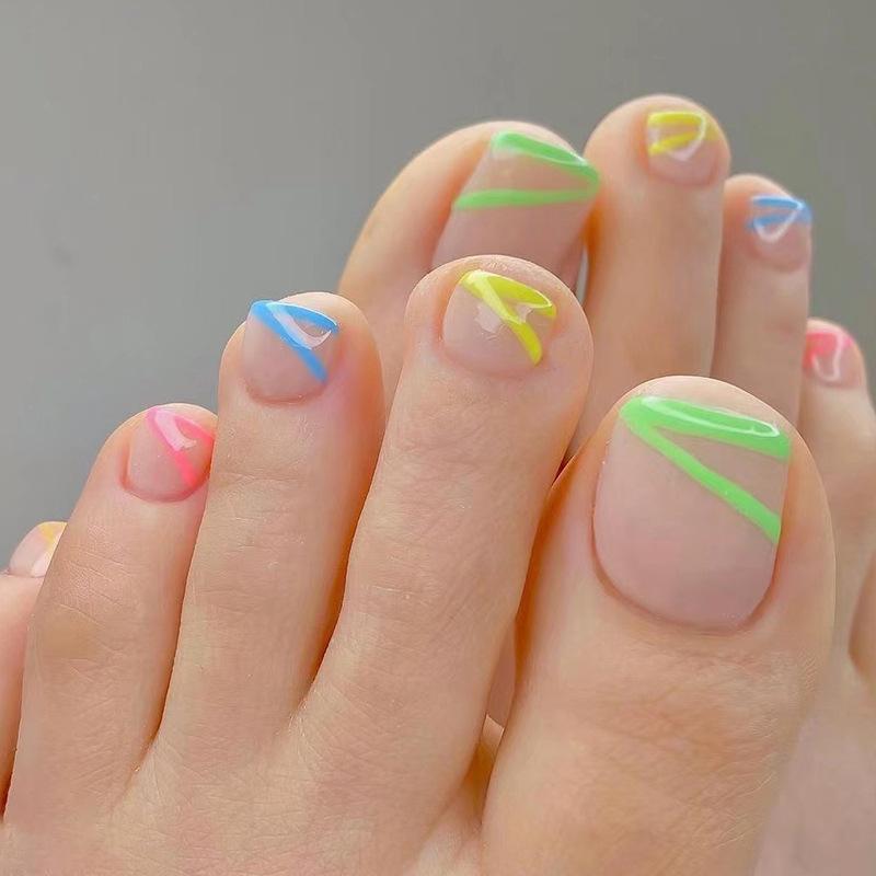 24 Pcs Short Square Fake Toenails Blue Cat Eye Rhinestone Design Full Cover Press On Nail Tips