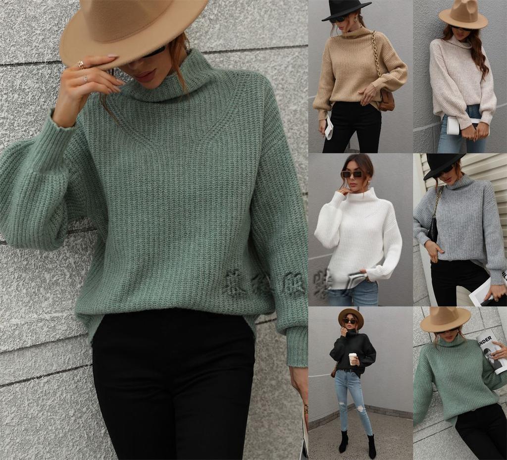 Autumn and winter new solid color sweater turtleneck pullover loose European and American women's clothing solid color turtleneck sweater