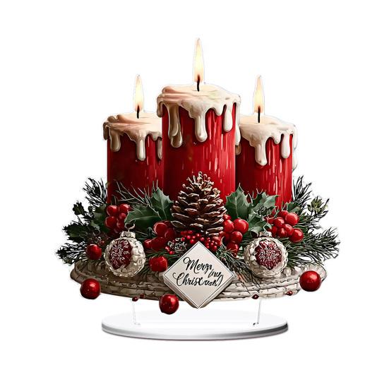 Christmas Tabletop Sign 2D Acrylic Desktop Sign with Candles Pine Cones Red Berries Pattern for Holiday Tiered Tray Home Party Decor