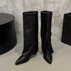Модные осенне-зимние новые женские ботфорты до колена с острым носком и металлической пряжкой, тонкие ботинки-чулки на высоком каблуке, модные ботинки средней высоты