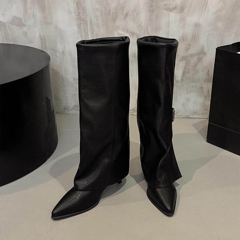 Модные осенне-зимние новые женские ботфорты до колена с острым носком и металлической пряжкой, тонкие ботинки-чулки на высоком каблуке, модные ботинки средней высоты