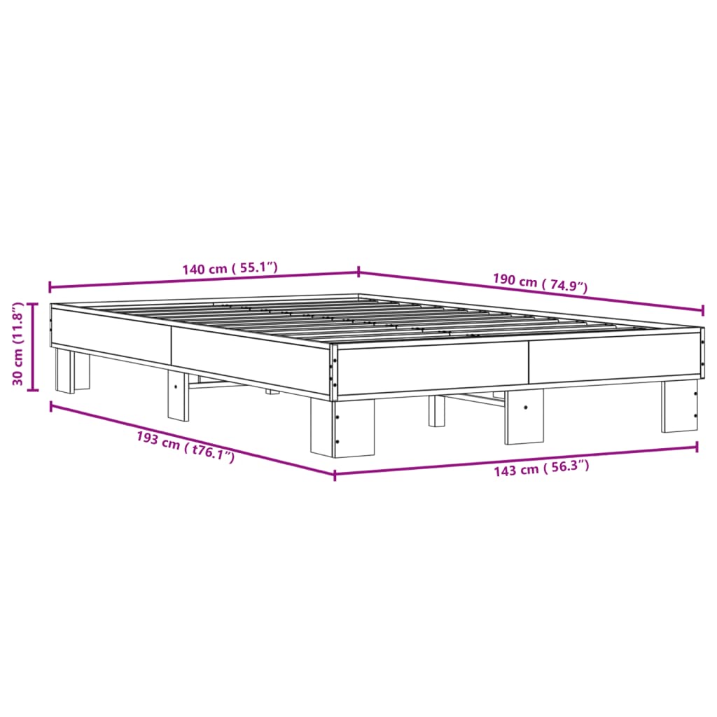 Bed Frame in Brown Oak Look 140 x 190 cm Wood Based Material & Metal