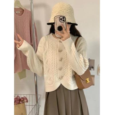 Маленький свежий кардиган свитер с застежкой-рожком, вязаный скручиванием, женский осенний новый дизайн, шикарный нишевый топ