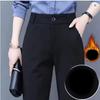 Women's High Waist Fleece Lined Thick Straight Leg Pants Autumn Winter Work Trousers Drapey Slimming Black OL Professional Pants