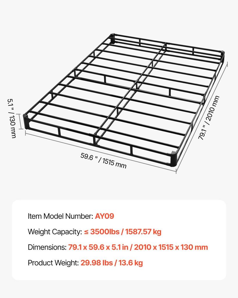 Box Spring, Queen Size Bed Frame with Washable Fabric Cloth, Heavy Duty Metal Frame for Queen Bed, 130 mm Mattress Foundation, 1587.57 kg Max Weight