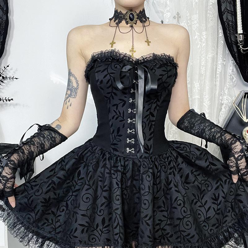 AltGoth Элегантное готическое платье Fairycore для женщин, винтажное эстетическое темное панк-кружевное лоскутное платье с высокой талией, бандажное корсетное платье для женщин