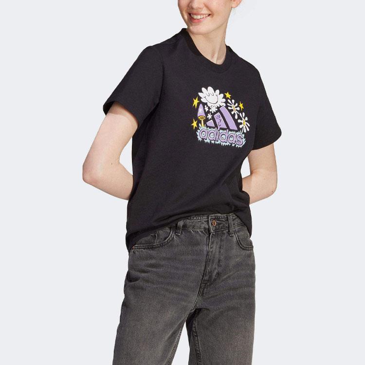 Adidas Doodle буквенный логотип с мультяшным принтом, футболка с круглым вырезом и короткими рукавами, женские топы, черный IJ7327