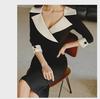 Женское весеннее платье с воротником из черного и белого сплайсированного три четверти рукава утягивающее талию