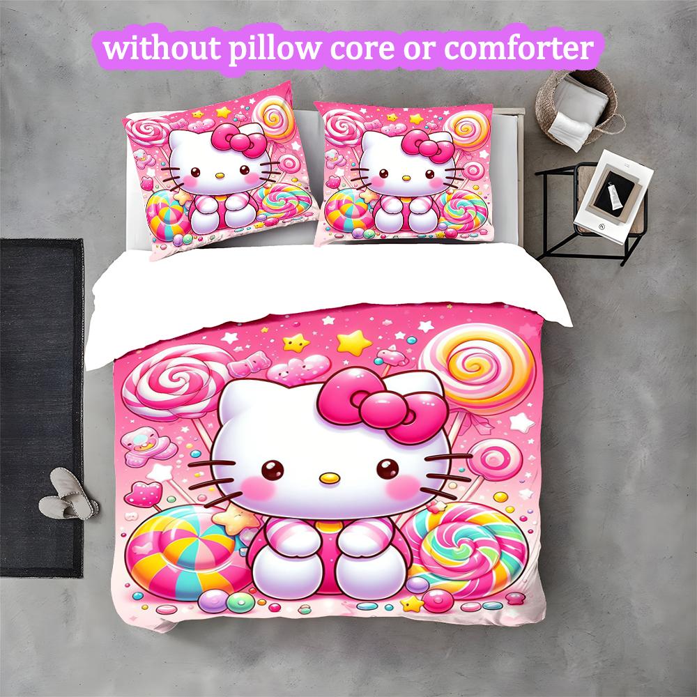 3pcs Hello Kitty Duvet Cover Set, Home Printed Bedding Set, Breathable and Cozy Bedclothes Suitable For Festival Decor
