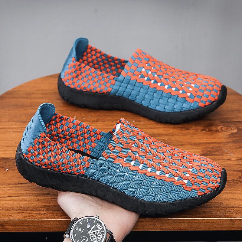 Летние мужские кроссовки черного цвета с плетением, пляжные, мягкие, легкие, спортивные туфли, повседневные, дышащие, без застежек, туфли на плоской подошве