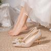 French Crystal Sequined Wedding Shoes High Heels 2025 New Pointed Head Shallow Mouth Wedding Shoes Rhinestone Main Wedding Dress Stiletto Shoes
