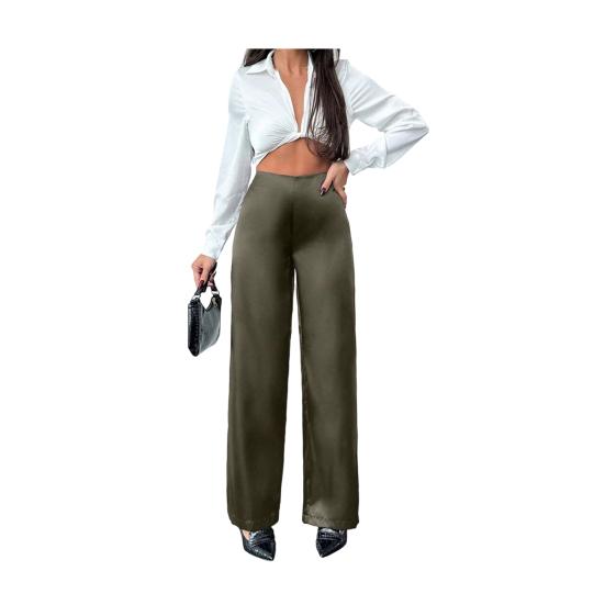 Women Pants Mid-rise Solid Color Loose Fit Wide Leg Design Long Trousers Smooth