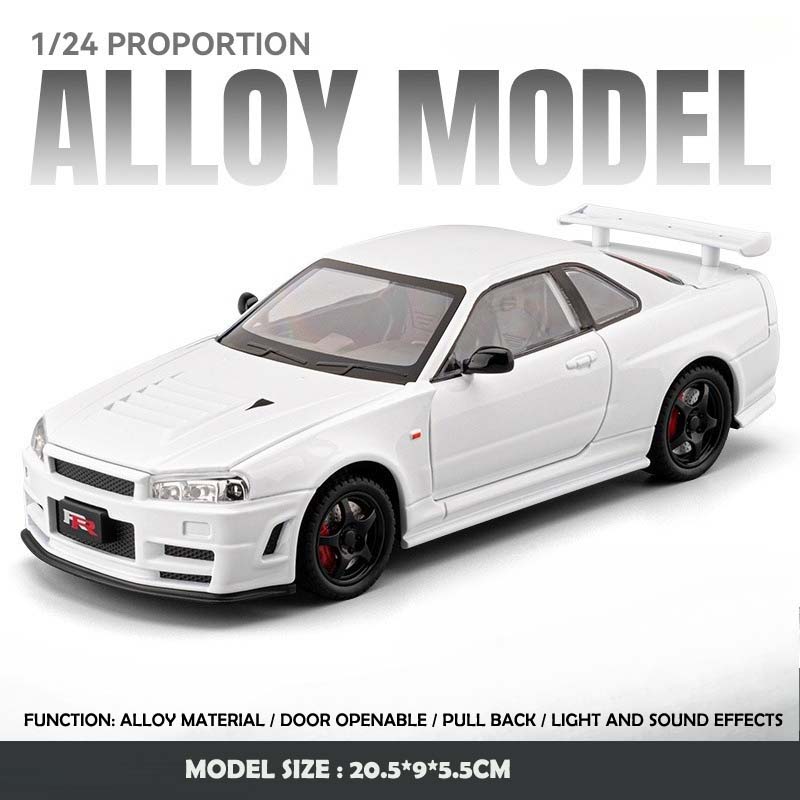 1/24 Skyline GTR R34 Статическая литая модель автомобиля Звук Свет Оттяжка Детализированные резиновые шины Настольное хобби Коллекционная модель Подарок для мальчиков
