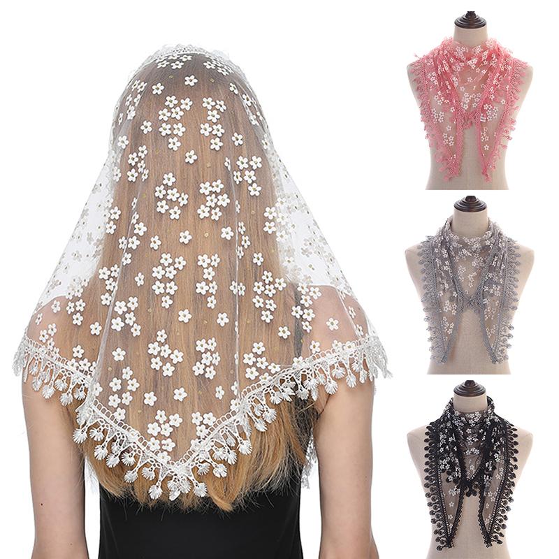 Women Triangle Scarf For Church Prayer Shawl Embroidered Lace Veil Floral Headcovering Tassel Veils Mantillas