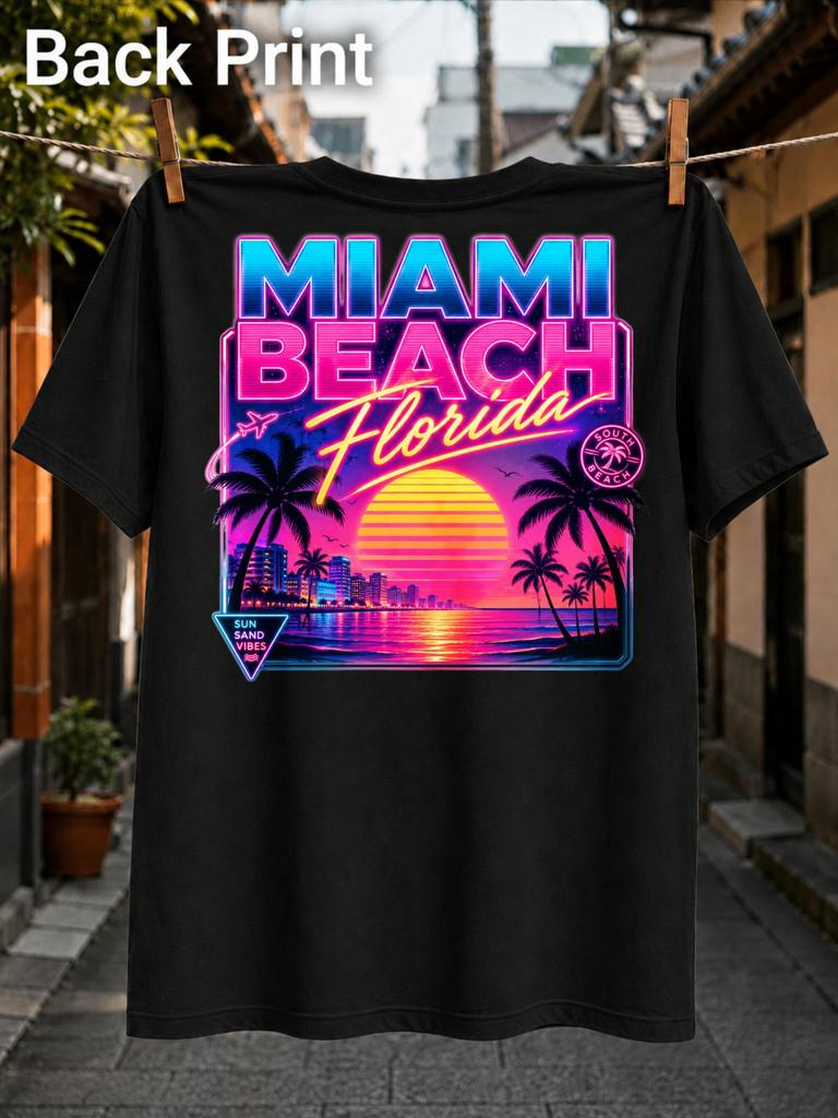Miami Beach Florida Lettering With Neon Sunset Palms Skyline And Sun Sand Vibes Synthwave Travel Unisex All TShirt
