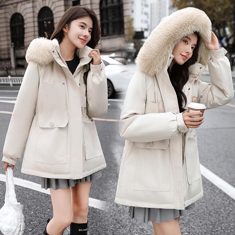 Pie Overcome Women's Winter New Korean Version Waist Thin Hooded Big Fur Collar Velvet Cotton Jacket Cotton Coat