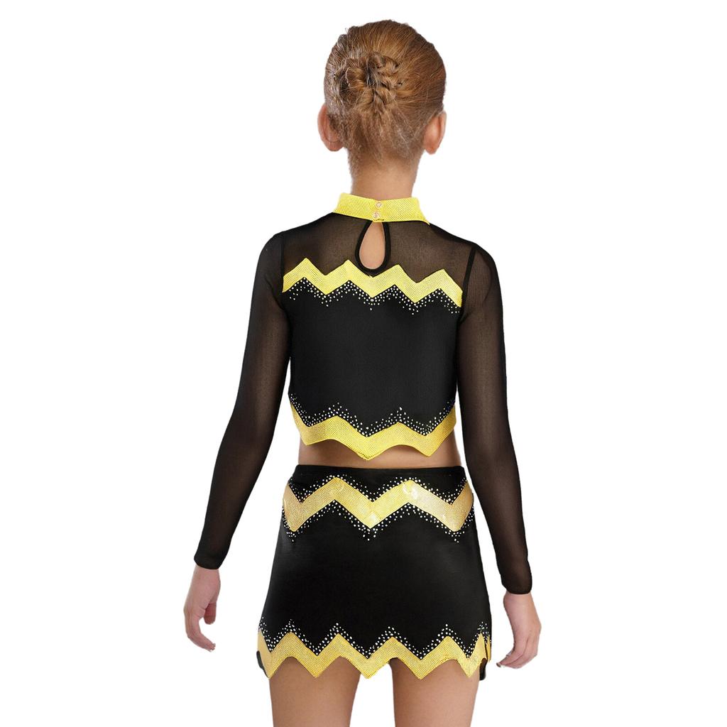 Girls Cheerleader Uniform Long Sleeve Crop Top Hollow Out Design Rhinestone Details Matching Dance Skirt Outfit