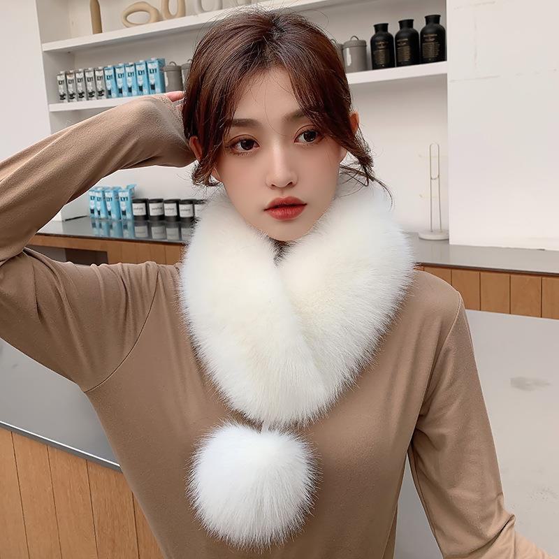 Luxurious Faux Mink Fox Fur Winter Scarf with Ribbon and Pom-Pom Trim