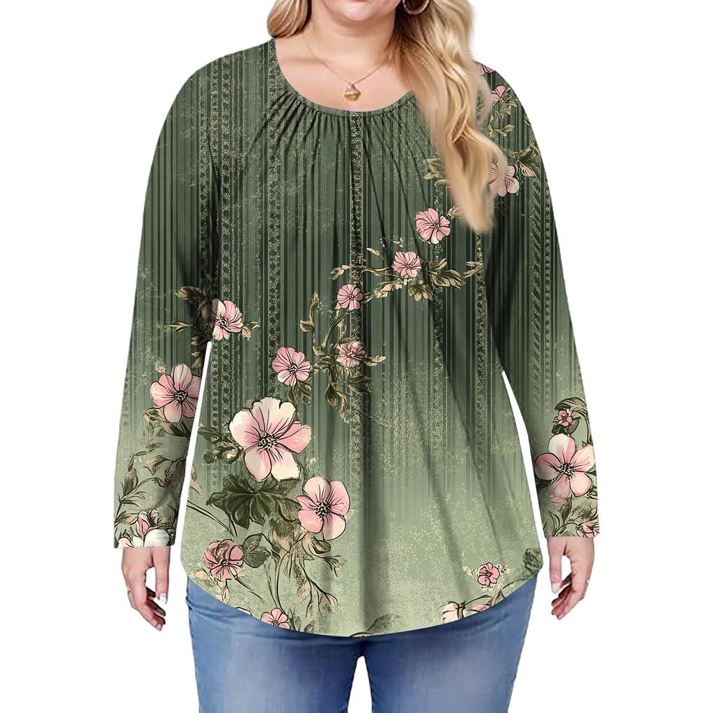 Женский модный топ большого размера с принтом, повседневный плиссированный, с круглым вырезом и длинными рукавами