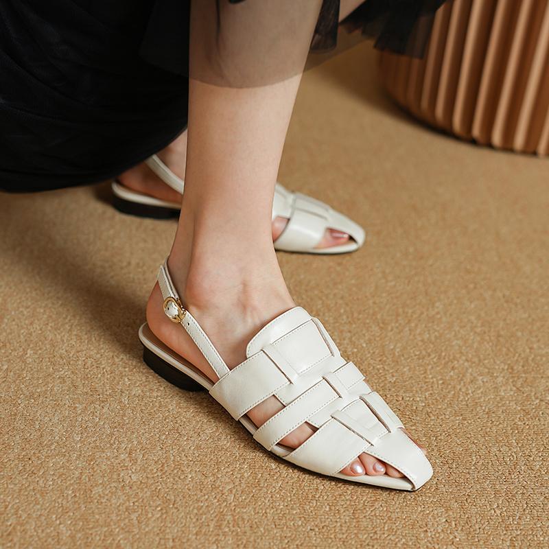 2024 Новые летние женские сандалии из натуральной кожи для женщин Туфли с квадратным носком на низком каблуке с закрытым носком Женские плетеные туфли с открытой пяткой