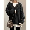 Womens V-Neck Knit Sweater With Cable Loose Fit Casual Pullover In Acrylic Winter