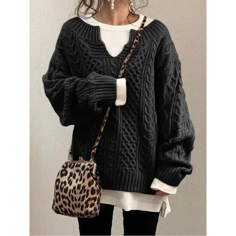 Womens V-Neck Knit Sweater With Cable Loose Fit Casual Pullover In Acrylic Winter