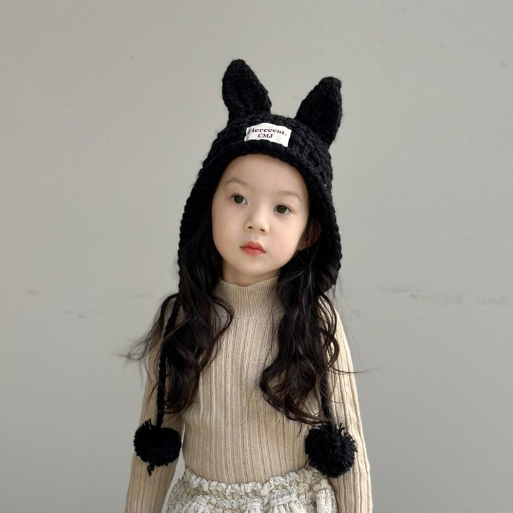 Solid Color Hand Knitted Cap Rabbit Ear Ear Protection Cap Korean Baby Crochet Hat Kids