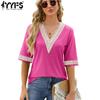 Женские модные повседневные летние весенние однотонные блузки и рубашки с v-образным вырезом и короткими рукавами с принтом