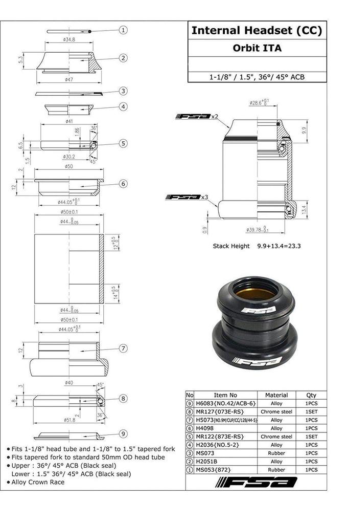 Коническая рулевая колонка FSA Orbit ITA с верхней крышкой XTE1665 1-1/8" - 1,5", № 9M/CUP/CC/12B/44-A,