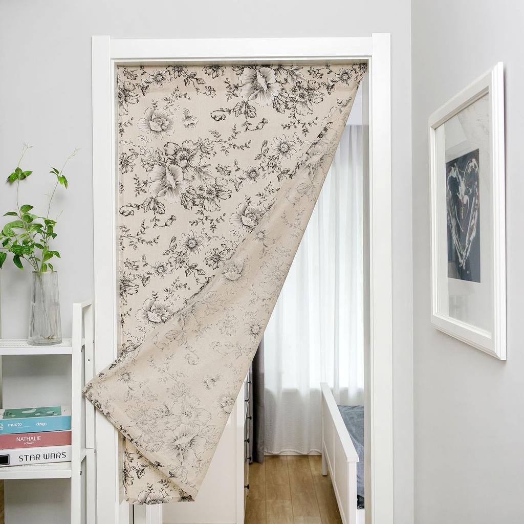 Door Curtain Green Pine Branch Printing Pastoral Hanging Curtain Fabric Feng Shui Curtain Bathroom Half Curtain Does Not Contain Rod