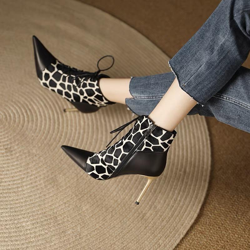 Fashion Pointed Toe Stiletto Ladies High Heels Autumn and Winter Color-blocking Zebra Black Fashion Boots Side Zipper Sexy Women's Boots
