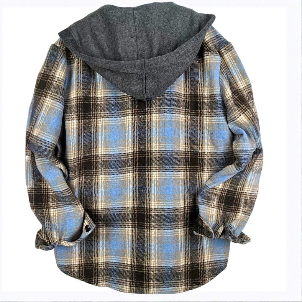 Men's Striped Plaid Casual Loose Button Lapel Long Sleeve Hooded Cardigan Shirt Jacket