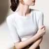 Mid-sleeved T-shirt for Women's New Women's Simple Round Neck Solid Color T-shirt Temperament Five-point Sleeve Waist Top