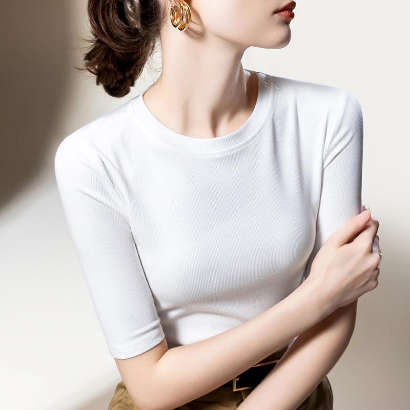 Mid-sleeved T-shirt for Women's New Women's Simple Round Neck Solid Color T-shirt Temperament Five-point Sleeve Waist Top