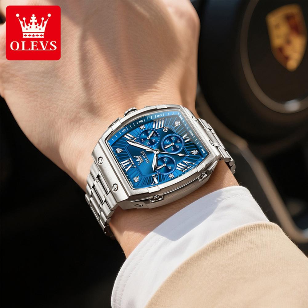 Tonneau Chronograph Men's Watches 30m Waterproof Quartz Original Wristwatch Stainless Steel Luminous Watch