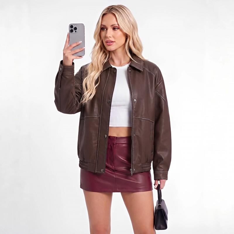 Womens Oversized Faux Leather Biker Jacket Loose Fit PU Coat With Zipper Travel Casual Wear