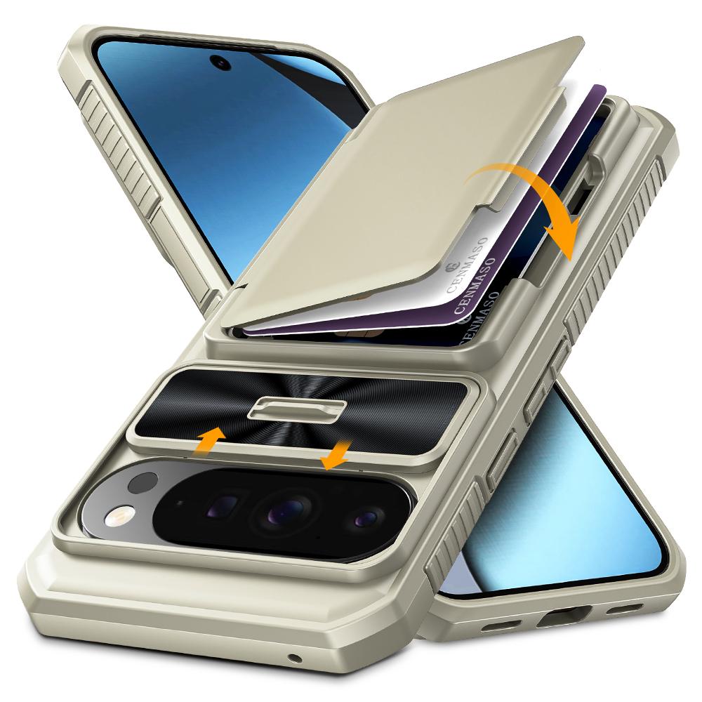 With Card Holder Sliding Camera Cover And Stand For Google Pixel 10 Pro XL Phone Case, Anti-Fall PC+TPU Wallet Case-Purple