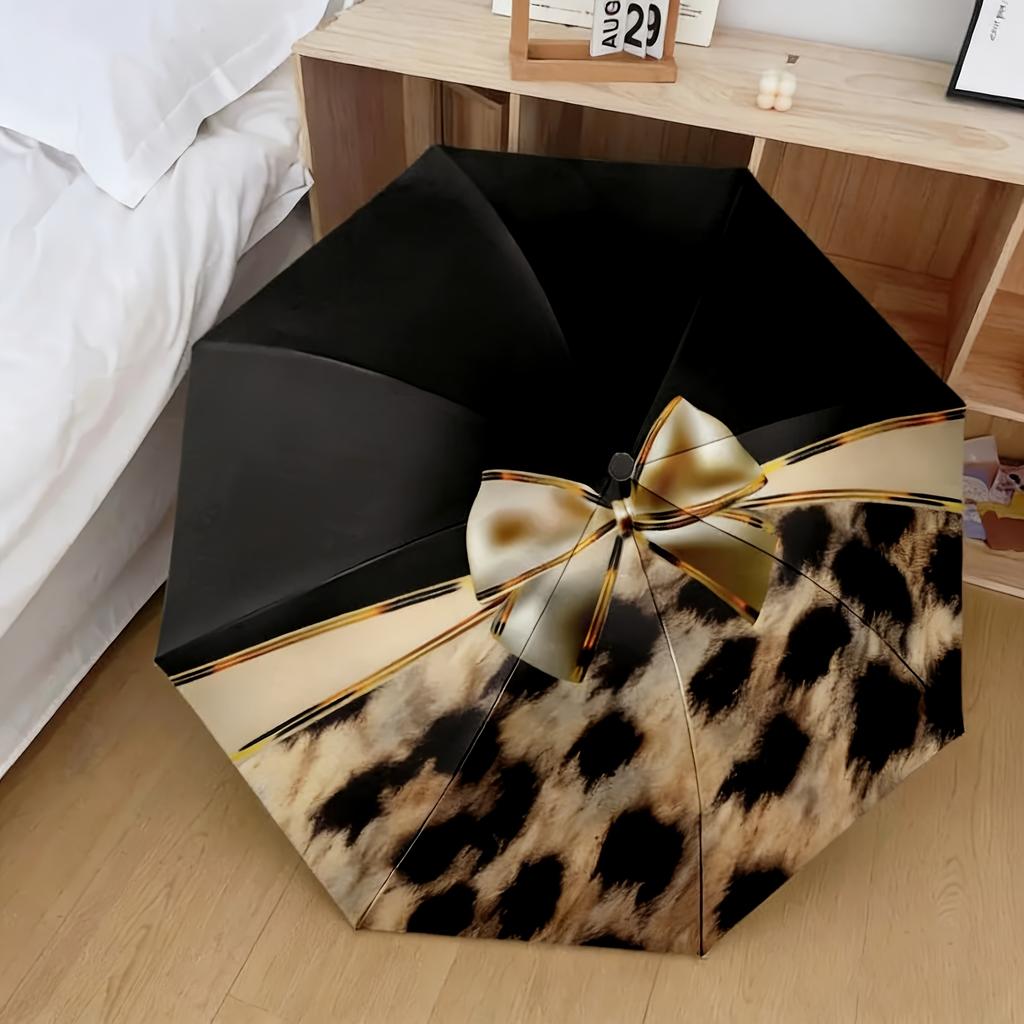 Leopard Print Gold-Rimmed Design Folding Umbrella, Luxurious Style, 8-Rib Durable Frame, Portable Travel Umbrella, Suitable for Commuting, B