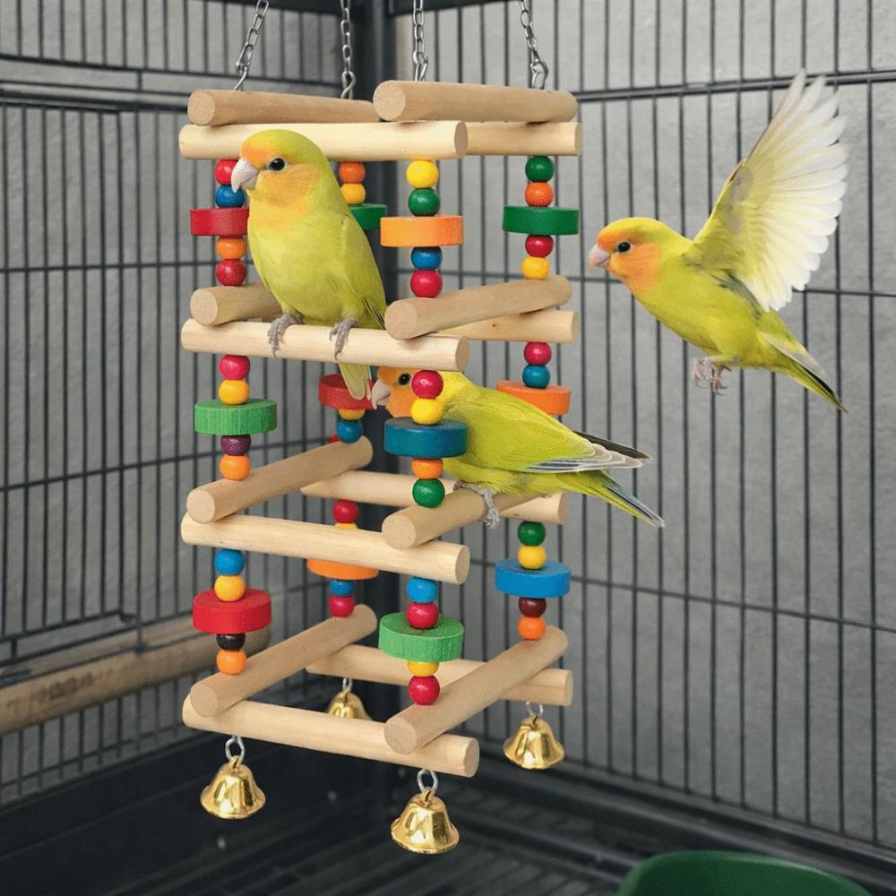 Colorful Wooden Parrot Chew Toys Hanging with Bells Parrot Swing Toy Bite Resistant Multi Layer Bird Climbing Ladder Cage Stand