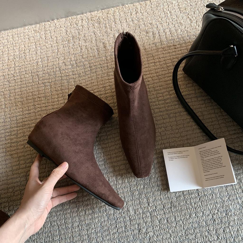 Овчина~ Корейский ретро замшевый универсальный~ 5 см внутреннее увеличение высоты минималистичные ботильоны с квадратным носком и задней молнией женские