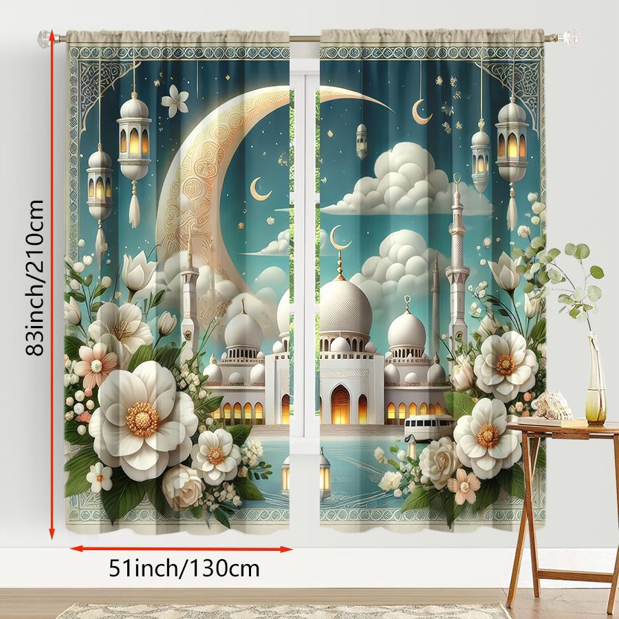 2 шт. Элегантные шторы с исламской мечетью и фонарем, Идеально подходят для декора окон на Рамадан/Ид, Шторы с кулиской для карниза
