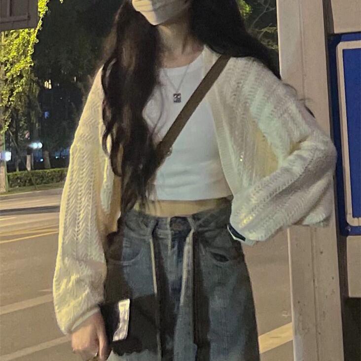 Grey Thin Hollowed-out Sunscreen Knitted Cardigan Women's Summer Top High-end Outer with Solid Color Blouse Short Shawl