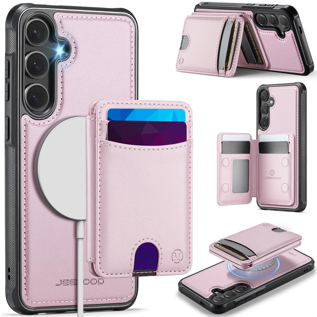 For Samsung Galaxy S25 Magnetic Case JEEHOOD J10 Leather Back Phone Cover with Detachable Card Holder Kickstand