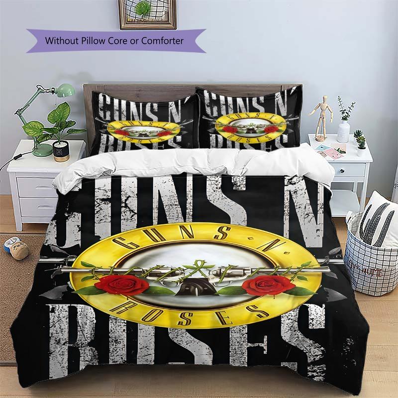 Guns N Roses Classic Circular Logo Print 3 Pieces Duvet Cover Set Hard Rock Band Bedding Bedroom Decor Without Pillow Core Comforter