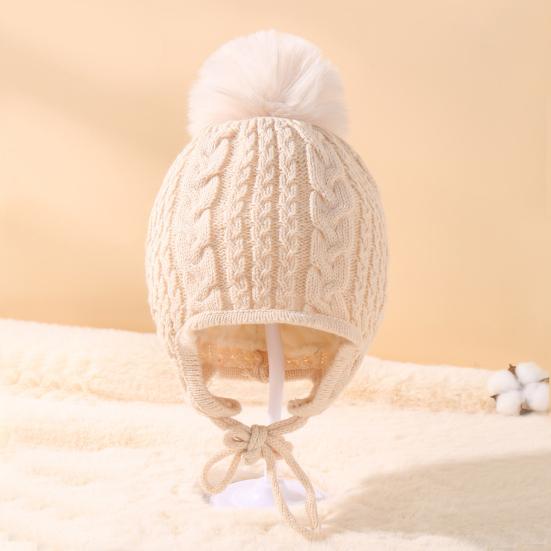 Children Hat Plush Ball Decor Twist Texture Lace-up Knitting Hat Solid Color Design Breathable Warm Winter Hat