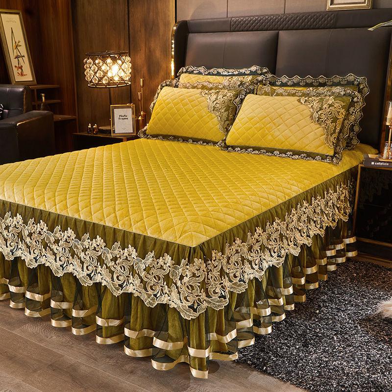 3 шт. Утолщенная кружевная юбка для кровати на осень и зиму, Кружевная накидка на кровать из кристального бархата, Мягкая и удобная, Постельное белье для спальни и гостевой комнаты